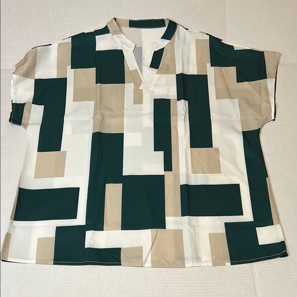 Geometric Patterned Green, Cream, &White cap sleeve blouse. Lightweight. Office.